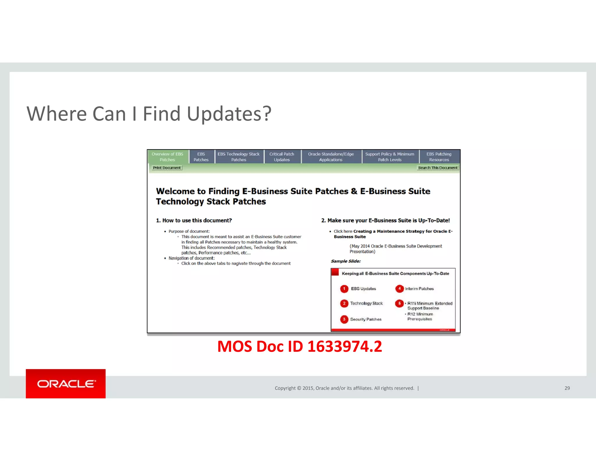 Where Can I Find Updates?Where Can I Find Updates?
MOS D ID 1633974 2
Copyright © 2015, Oracle and/or its affiliates. All rights reserved.  | 29
MOS Doc ID 1633974.2
 