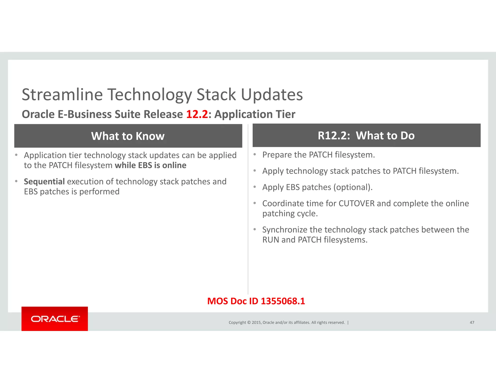 Streamline Technology Stack UpdatesStreamline Technology Stack Updates
Oracle E‐Business Suite Release 12.2: Application Tier
What to Know R12.2:  What to Do
• Application tier technology stack updates can be applied 
to the PATCH filesystem while EBS is online
• Sequential execution of technology stack patches and 
EBS patches is performed
• Prepare the PATCH filesystem. 
• Apply technology stack patches to PATCH filesystem. 
• Apply EBS patches (optional). EBS patches is performed pp y p ( p )
• Coordinate time for CUTOVER and complete the online 
patching cycle. 
• Synchronize the technology stack patches between the 
RUN d PATCH fil tRUN and PATCH filesystems.
Copyright © 2015, Oracle and/or its affiliates. All rights reserved.  | 47
MOS Doc ID 1355068.1
 