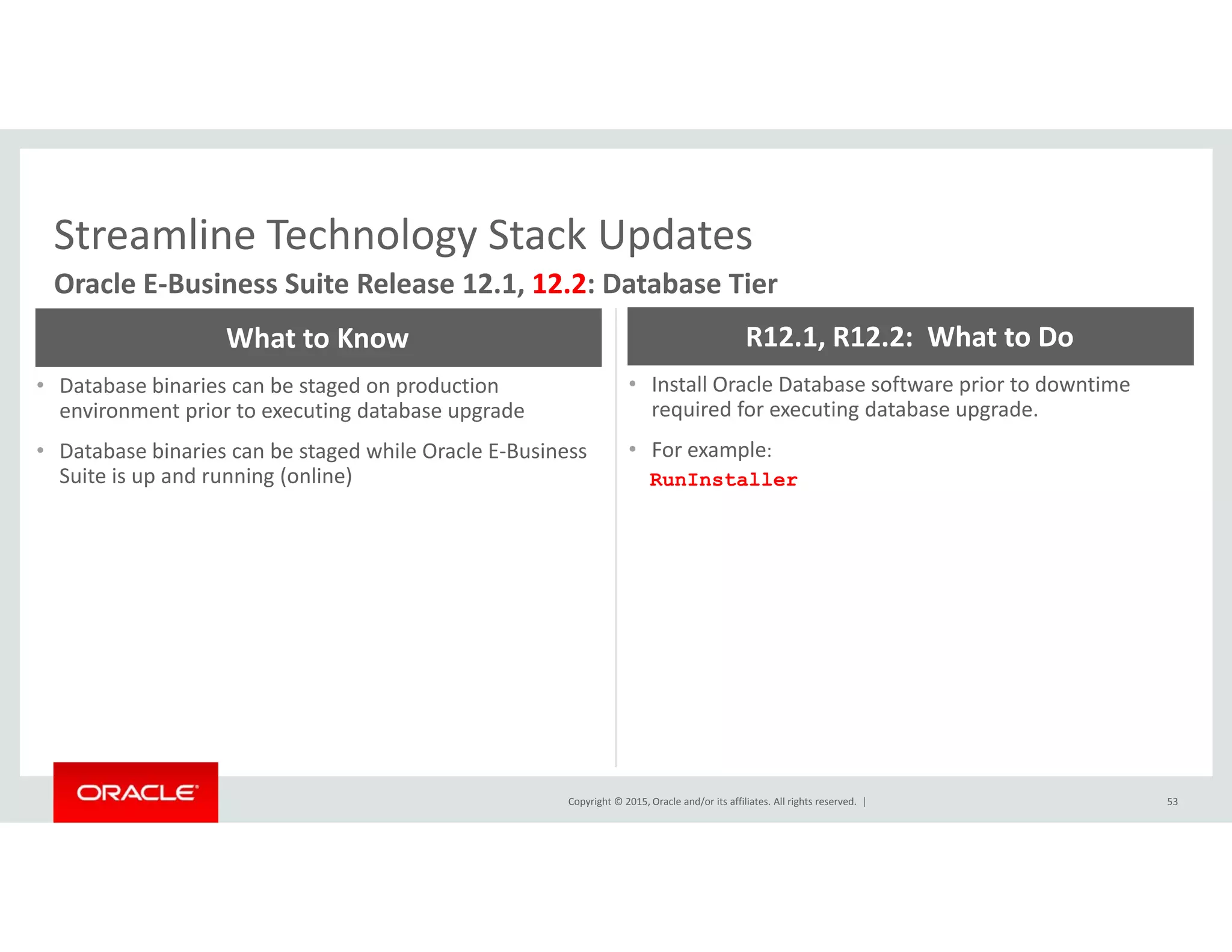 Streamline Technology Stack UpdatesStreamline Technology Stack Updates
Oracle E‐Business Suite Release 12.1, 12.2: Database Tier
What to Know R12.1, R12.2:  What to Do
• Database binaries can be staged on production 
environment prior to executing database upgrade 
• Database binaries can be staged while Oracle E‐Business 
Suite is up and running (online)
• Install Oracle Database software prior to downtime 
required for executing database upgrade.
• For example:
R I t llSuite is up and running (online) RunInstaller
Copyright © 2015, Oracle and/or its affiliates. All rights reserved.  | 53
 
