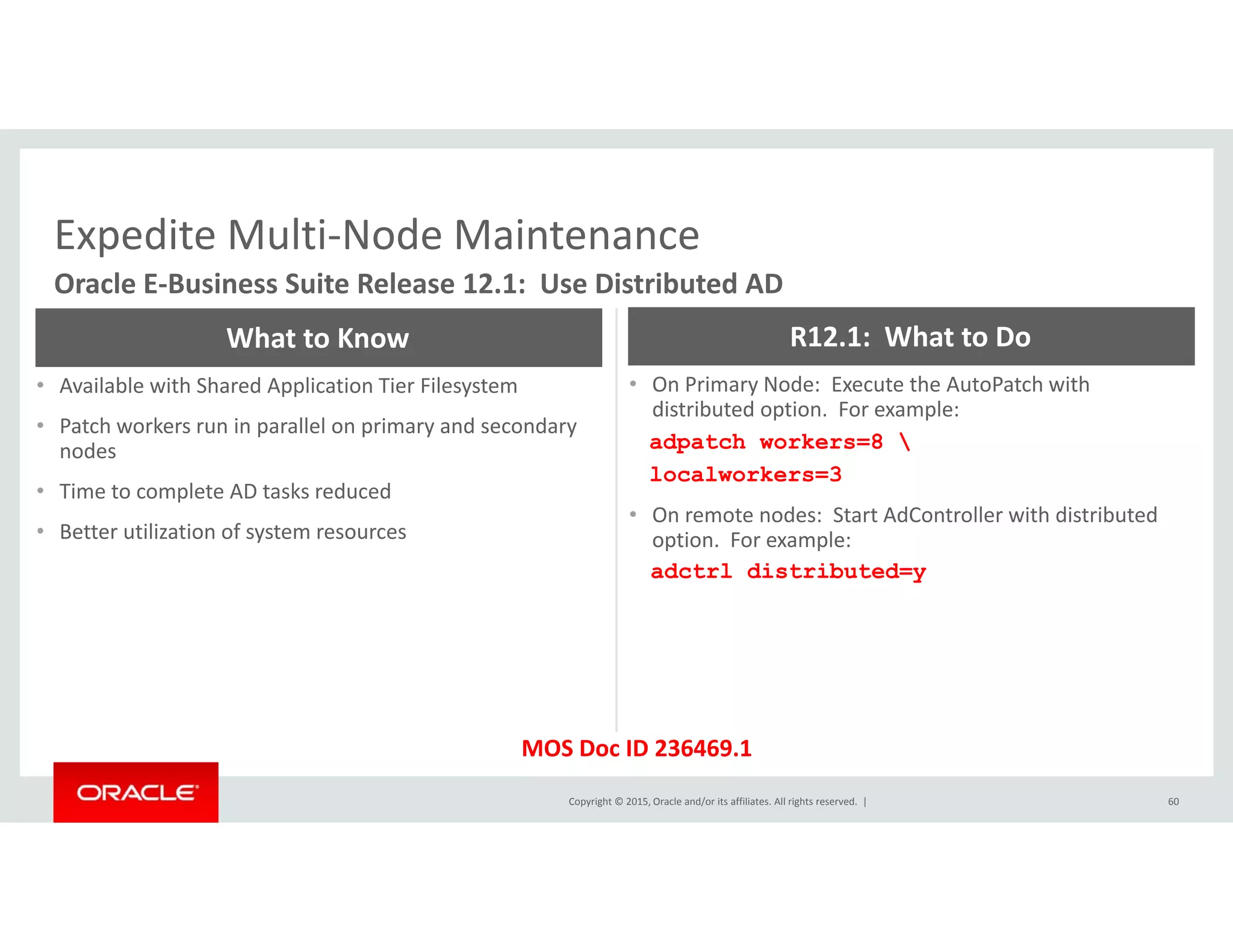 Expedite Multi‐Node MaintenanceExpedite Multi Node Maintenance
Oracle E‐Business Suite Release 12.1:  Use Distributed AD
What to Know R12.1:  What to Do
• Available with Shared Application Tier Filesystem
• Patch workers run in parallel on primary and secondary 
nodes
• On Primary Node:  Execute the AutoPatch with 
distributed option.  For example:
adpatch workers=8 
localworkers=3
• Time to complete AD tasks reduced 
• Better utilization of system resources
localworkers=3
• On remote nodes:  Start AdController with distributed 
option.  For example:
adctrl distributed=y
Copyright © 2015, Oracle and/or its affiliates. All rights reserved.  | 60
MOS Doc ID 236469.1
 