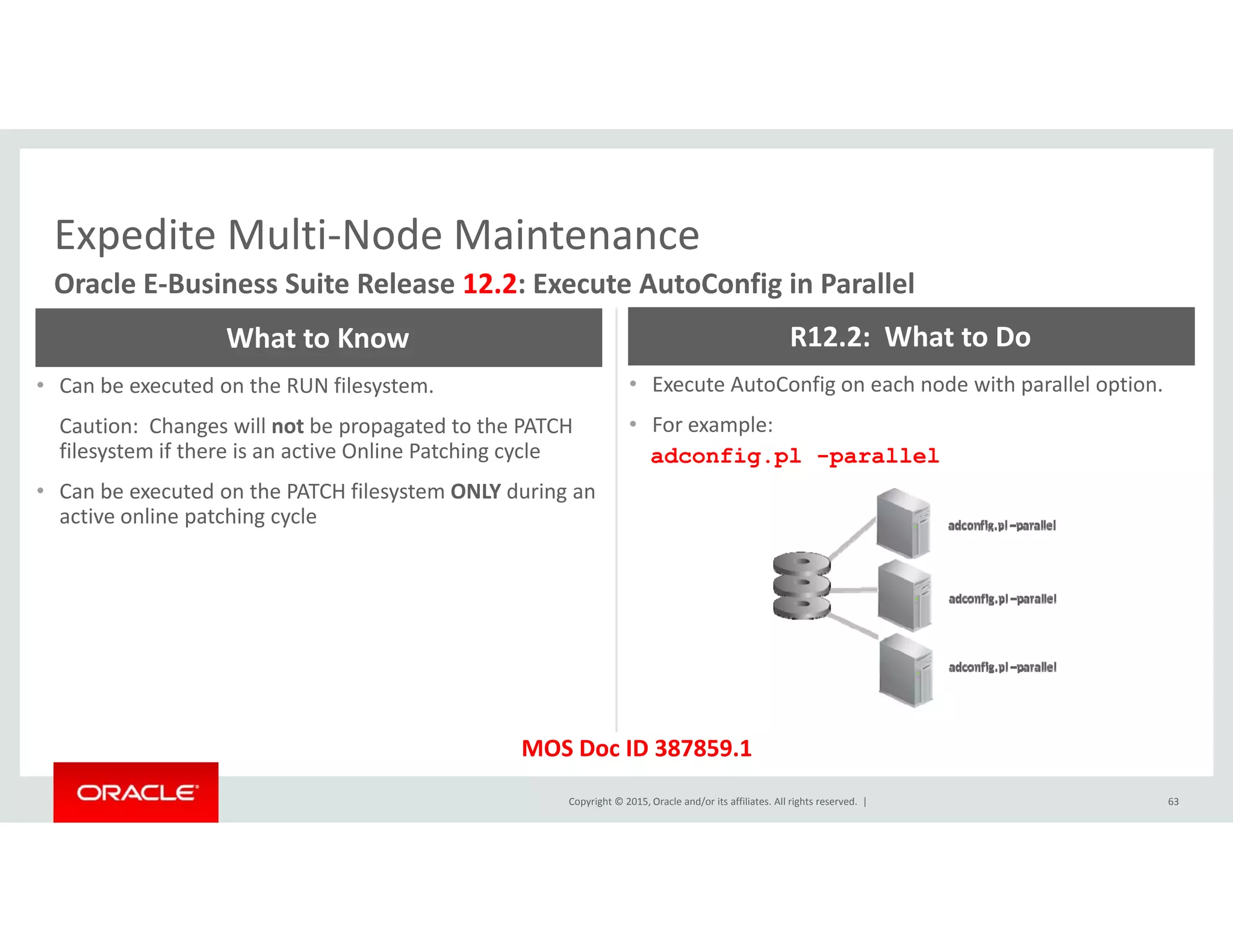 Expedite Multi‐Node MaintenanceExpedite Multi Node Maintenance
Oracle E‐Business Suite Release 12.2: Execute AutoConfig in Parallel
What to Know R12.2:  What to Do
• Can be executed on the RUN filesystem. 
Caution:  Changes will not be propagated to the PATCH 
filesystem if there is an active Online Patching cycle 
• Execute AutoConfig on each node with parallel option. 
• For example:
adconfig.pl -parallel
• Can be executed on the PATCH filesystem ONLY during an 
active online patching cycle
Copyright © 2015, Oracle and/or its affiliates. All rights reserved.  | 63
MOS Doc ID 387859.1
 