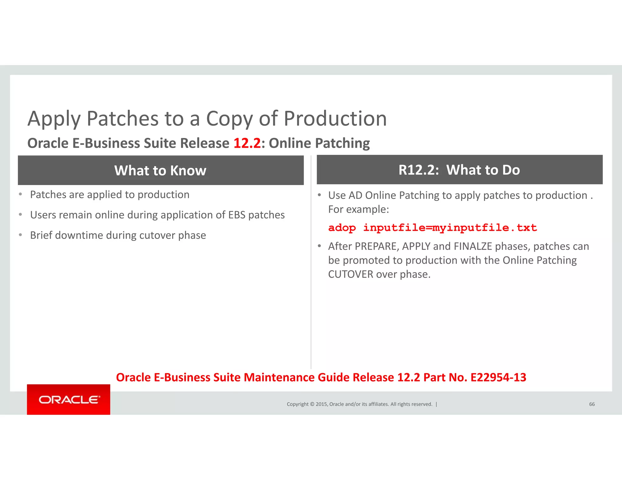 Apply Patches to a Copy of ProductionApply Patches to a Copy of Production
Oracle E‐Business Suite Release 12.2: Online Patching
What to Know R12.2:  What to Do
• Patches are applied to production
• Users remain online during application of EBS patches
• Brief downtime during cutover phase
• Use AD Online Patching to apply patches to production .  
For example:
adop inputfile=myinputfile.txt
g p
• After PREPARE, APPLY and FINALZE phases, patches can 
be promoted to production with the Online Patching 
CUTOVER over phase.
Copyright © 2015, Oracle and/or its affiliates. All rights reserved.  | 66
Oracle E‐Business Suite Maintenance Guide Release 12.2 Part No. E22954‐13
 
