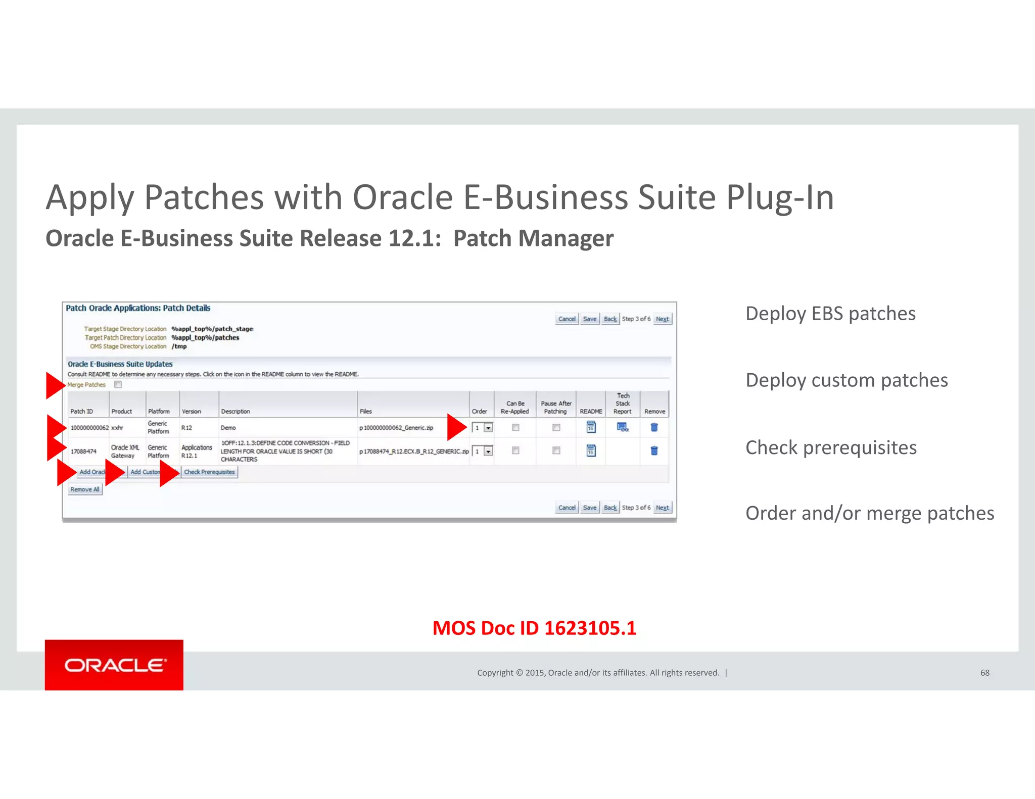 Apply Patches with Oracle E‐Business Suite Plug‐In
Oracle E‐Business Suite Release 12.1:  Patch Manager
Apply Patches with Oracle E Business Suite Plug In
Deploy EBS patches
Deploy custom patches
Check prerequisites
Order and/or merge patches
Copyright © 2015, Oracle and/or its affiliates. All rights reserved.  | 68
MOS Doc ID 1623105.1
 