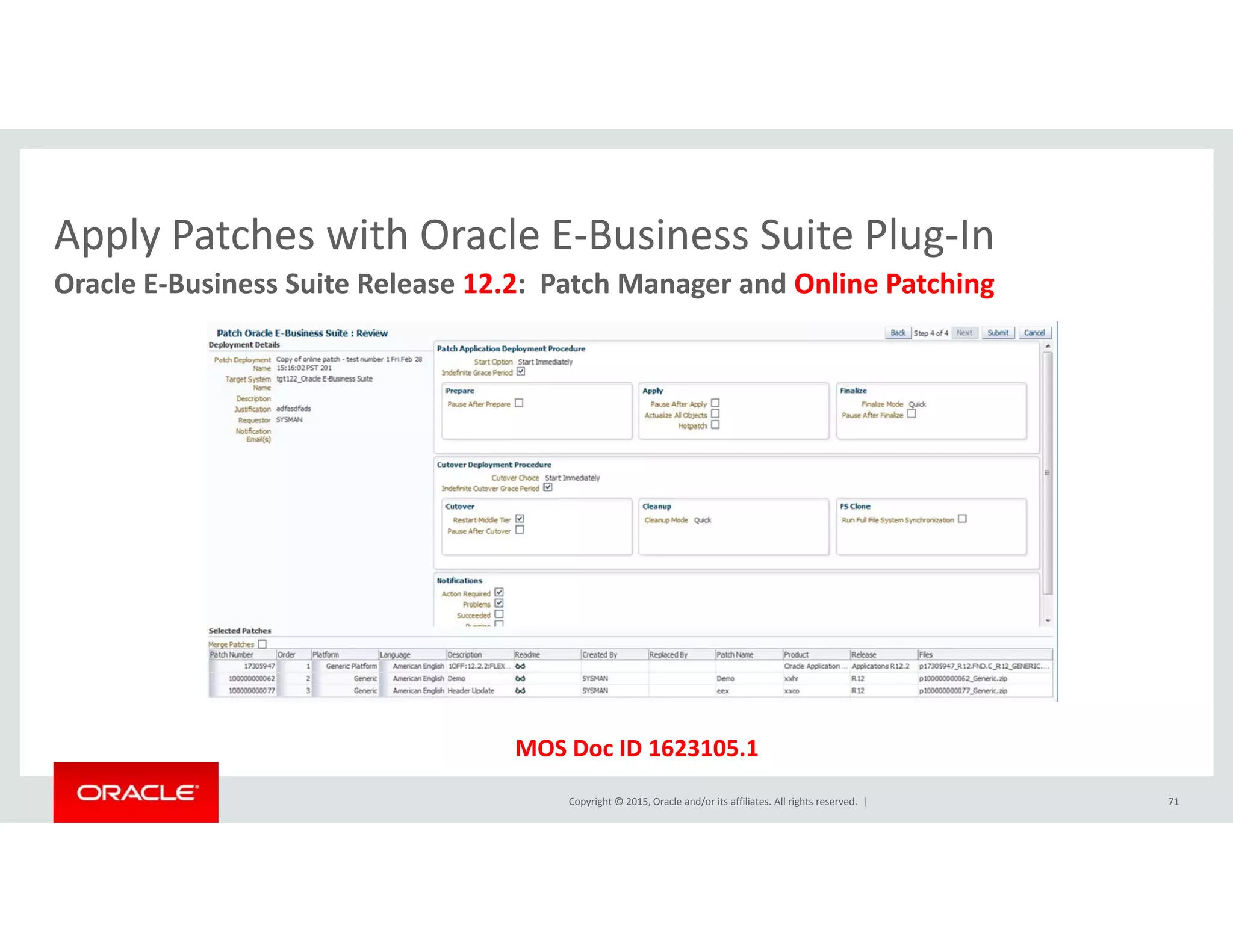 Apply Patches with Oracle E‐Business Suite Plug‐InApply Patches with Oracle E Business Suite Plug In
Oracle E‐Business Suite Release 12.2:  Patch Manager and Online Patching
Copyright © 2015, Oracle and/or its affiliates. All rights reserved.  | 71
MOS Doc ID 1623105.1
 