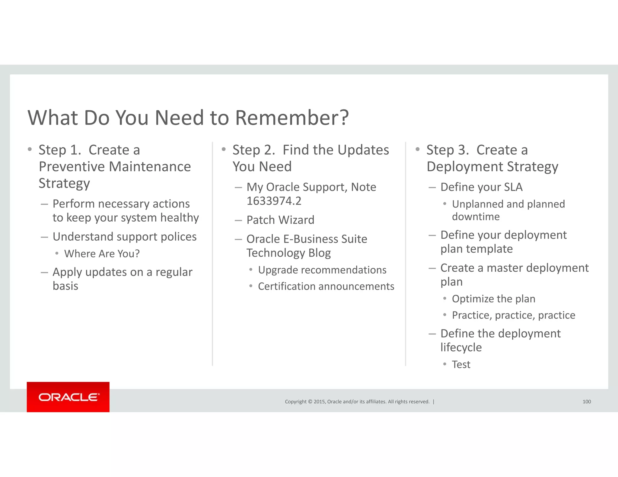 What Do You Need to Remember?
• Step 1.  Create a 
Preventive Maintenance 
St t
• Step 2.  Find the Updates 
You Need
• Step 3.  Create a 
Deployment Strategy
What Do You Need to Remember?
Strategy
– Perform necessary actions 
to keep your system healthy
– Understand support polices
– My Oracle Support, Note 
1633974.2
– Patch Wizard
Oracle E Business Suite
– Define your SLA
• Unplanned and planned 
downtime
– Define your deploymentUnderstand support polices
• Where Are You?
– Apply updates on a regular 
basis
– Oracle E‐Business Suite 
Technology Blog 
• Upgrade recommendations 
• Certification announcements
Define your deployment 
plan template
– Create a master deployment 
plan
O ti i th l• Optimize the plan
• Practice, practice, practice
– Define the deployment 
lifecycle
Copyright © 2015, Oracle and/or its affiliates. All rights reserved.  | 100
• Test
 