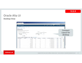 Oracle Alta UI
12.2.5
Oracle Alta UI
Desktop View
Compact 
Layout for 
desktop
Copyright © 2015, Oracle and/or its affiliates. All rights reserved.  | Oracle Confidential – Internal/Restricted/Highly Restricted 26
 