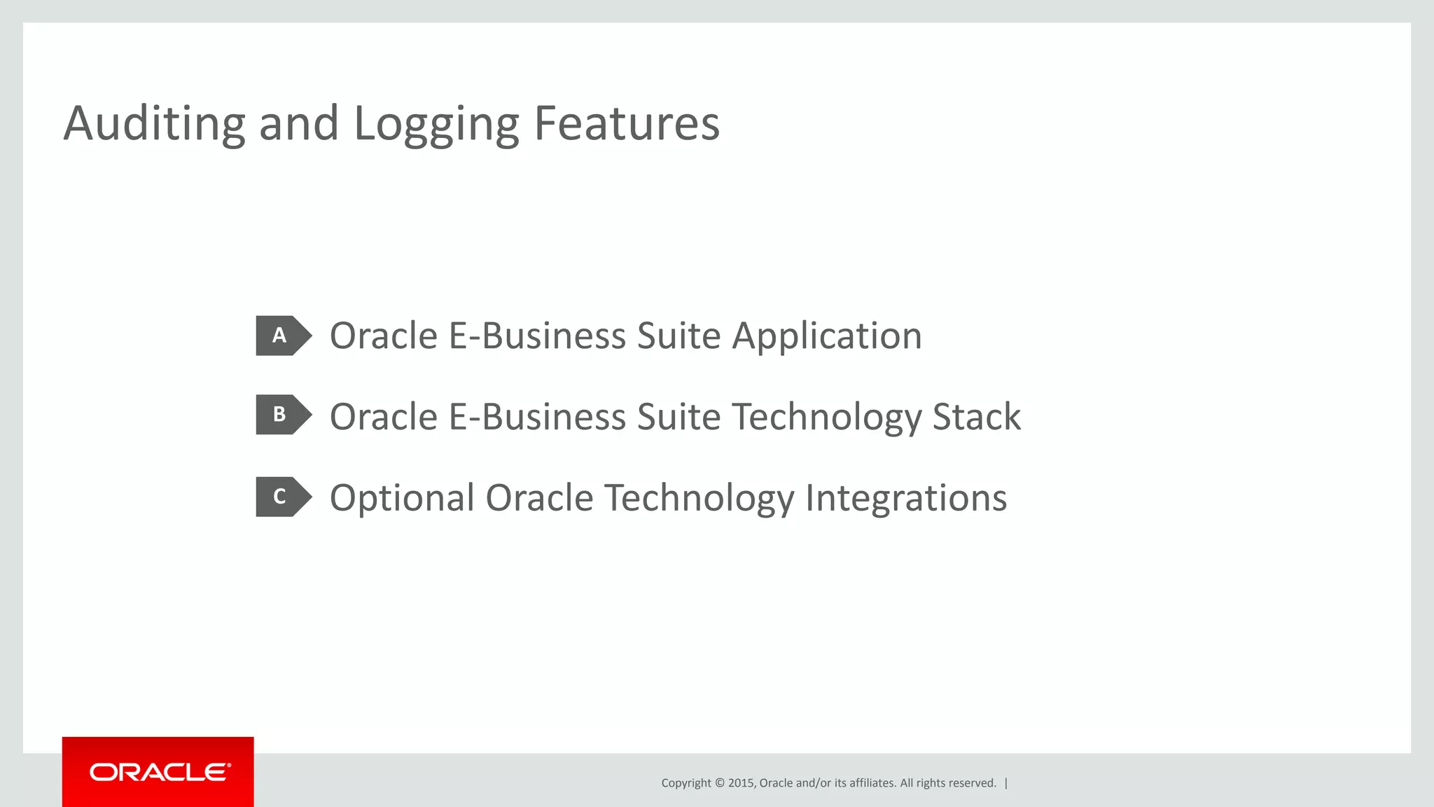 Copyright © 2015, Oracle and/or its affiliates. All rights reserved. |
Oracle E-Business Suite Application
Oracle E-Business Suite Technology Stack
Optional Oracle Technology Integrations
Auditing and Logging Features
A
B
C
 
