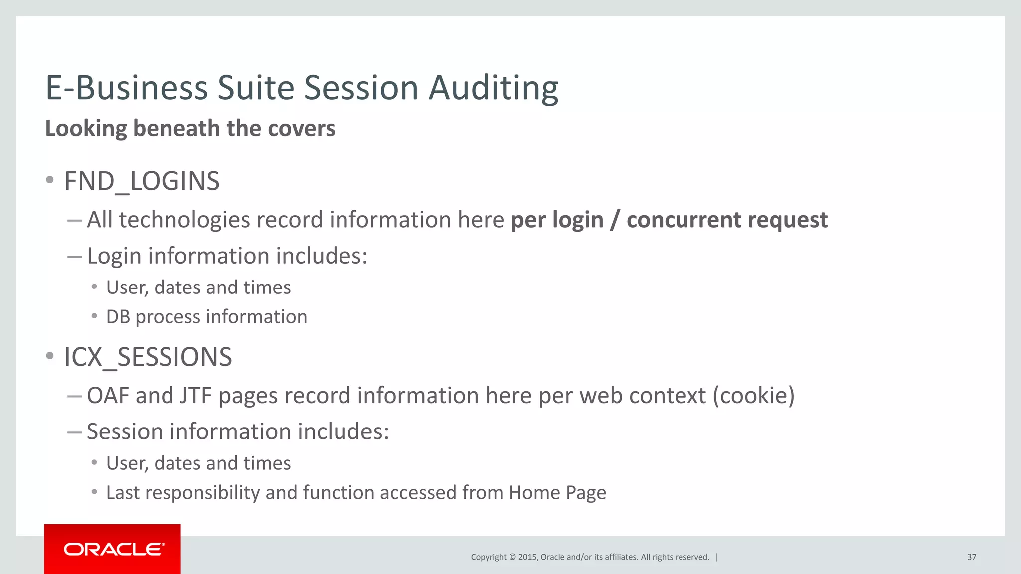 Copyright © 2015, Oracle and/or its affiliates. All rights reserved. |
E-Business Suite Session Auditing
• FND_LOGINS
– All technologies record information here per login / concurrent request
– Login information includes:
• User, dates and times
• DB process information
• ICX_SESSIONS
– OAF and JTF pages record information here per web context (cookie)
– Session information includes:
• User, dates and times
• Last responsibility and function accessed from Home Page
37
Looking beneath the covers
 