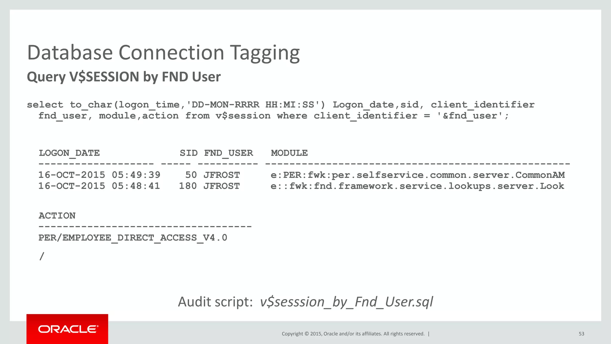 Copyright © 2015, Oracle and/or its affiliates. All rights reserved. |
Database Connection Tagging
select to_char(logon_time,'DD-MON-RRRR HH:MI:SS') Logon_date,sid, client_identifier
fnd_user, module,action from v$session where client_identifier = '&fnd_user';
LOGON_DATE SID FND_USER MODULE
------------------- ----- ---------- --------------------------------------------------
16-OCT-2015 05:49:39 50 JFROST e:PER:fwk:per.selfservice.common.server.CommonAM
16-OCT-2015 05:48:41 180 JFROST e::fwk:fnd.framework.service.lookups.server.Look
ACTION
-----------------------------------
PER/EMPLOYEE_DIRECT_ACCESS_V4.0
/
Audit script: v$sesssion_by_Fnd_User.sql
53
Query V$SESSION by FND User
 