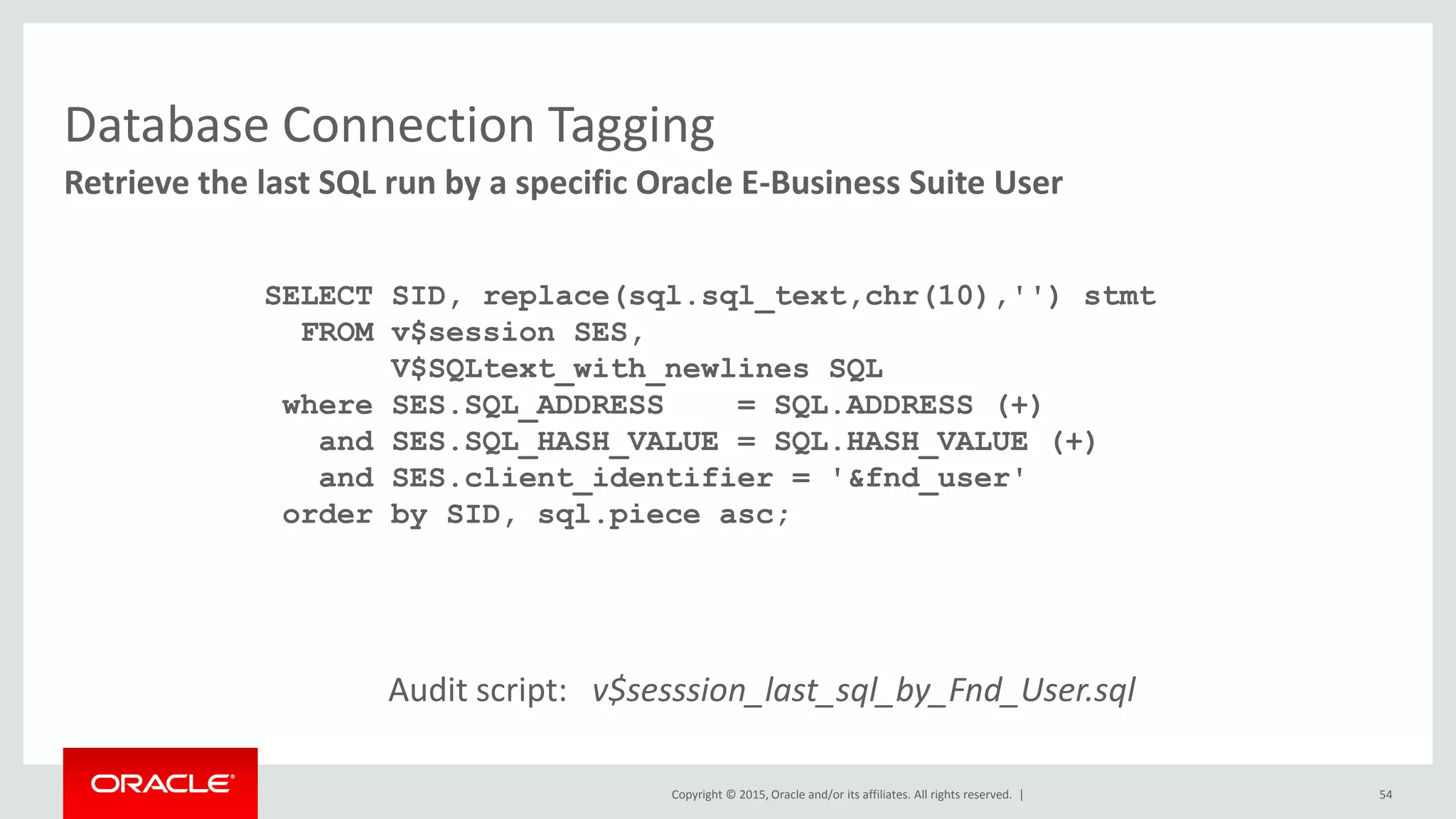 Copyright © 2015, Oracle and/or its affiliates. All rights reserved. |
Database Connection Tagging
SELECT SID, replace(sql.sql_text,chr(10),'') stmt
FROM v$session SES,
V$SQLtext_with_newlines SQL
where SES.SQL_ADDRESS = SQL.ADDRESS (+)
and SES.SQL_HASH_VALUE = SQL.HASH_VALUE (+)
and SES.client_identifier = '&fnd_user'
order by SID, sql.piece asc;
Audit script: v$sesssion_last_sql_by_Fnd_User.sql
54
Retrieve the last SQL run by a specific Oracle E-Business Suite User
 