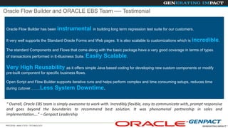PROCESS • ANALYTICS • TECHNOLOGY 31© 2014 Copyright Genpact. All Rights Reserved.
“ Overall, Oracle EBS team is simply awesome to work with. Incredibly flexible, easy to communicate with, prompt responsive
and goes beyond the boundaries to recommend best solution. It was phenomenal partnership in sales and
implementation….” – Genpact Leadership
Oracle Flow Builder has been instrumental in building long term regression test suite for our customers.
It very well supports the Standard Oracle Forms and Web pages. It is also scalable to customizations which is incredible.
The standard Components and Flows that come along with the basic package have a very good coverage in terms of types
of transactions performed in E-Business Suite. Easily Scalable.
Very High Reusability as it offers simple Java based coding for developing new custom components or modify
pre-built component for specific business flows.
Open Script and Flow Builder supports iterative runs and helps perform complex and time consuming setups, reduces time
during cutover……..Less System Downtime.
Oracle Flow Builder and ORACLE EBS Team ---- Testimonial
 
