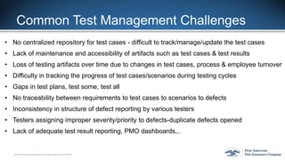 ©2015 First American FinancialCorporation and/or its affiliates. All rights reserved. q NYSE: FAF
Common Test Management Challenges
• No centralized repository for test cases - difficult to track/manage/update the test cases
• Lack of maintenance and accessibility of artifacts such as test cases & test results
• Loss of testing artifacts over time due to changes in test cases, process & employee turnover
• Difficulty in tracking the progress of test cases/scenarios during testing cycles
• Gaps in test plans, test some, test all
• No traceability between requirements to test cases to scenarios to defects
• Inconsistency in structure of defect reporting by various testers
• Testers assigning improper severity/priority to defects-duplicate defects opened
• Lack of adequate test result reporting, PMO dashboards,..
 
