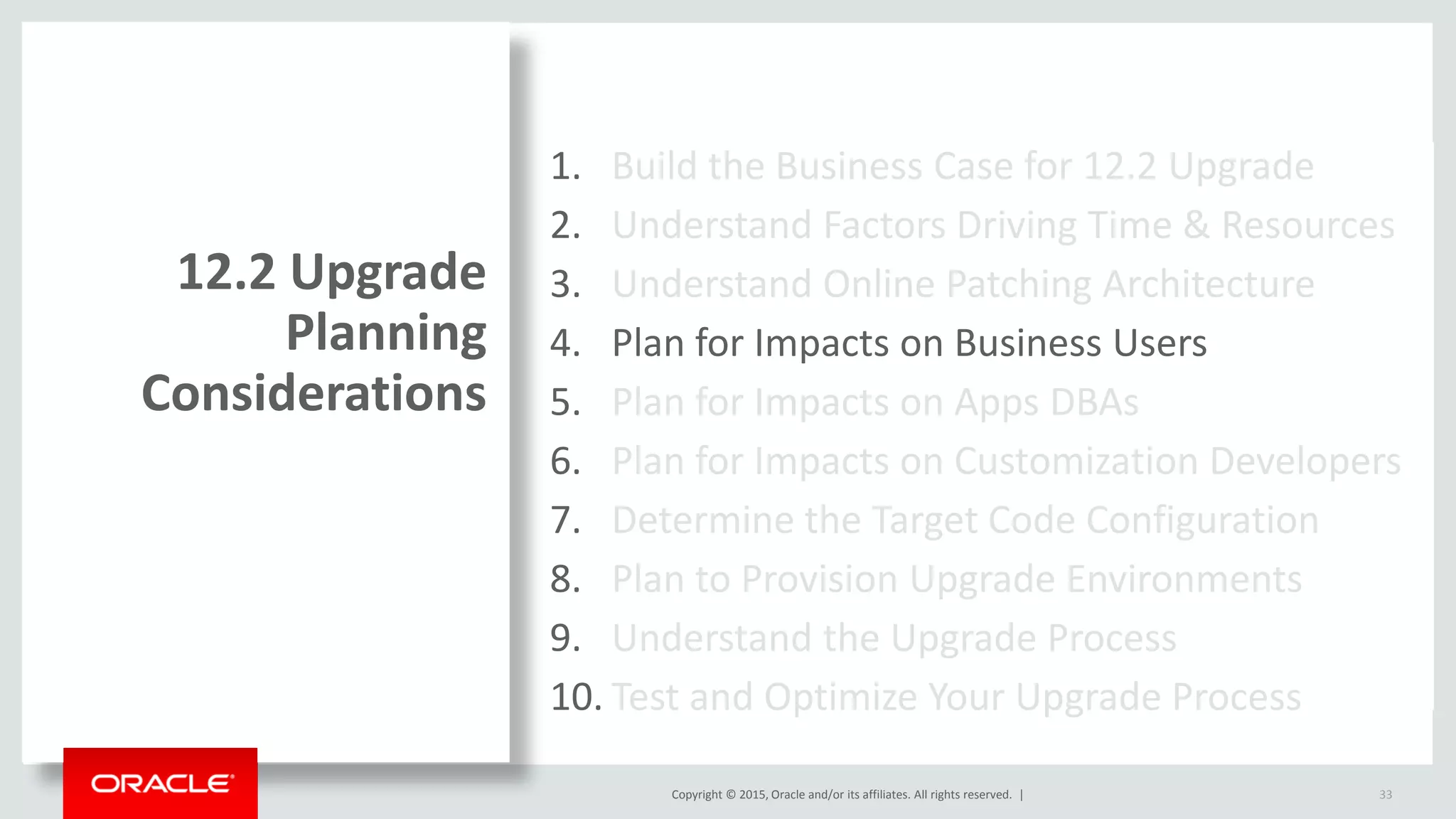 Copyright © 2015, Oracle and/or its affiliates. All rights reserved. |
1. Build the Business Case for 12.2 Upgrade
2. Understand Factors Driving Time & Resources
3. Understand Online Patching Architecture
4. Plan for Impacts on Business Users
5. Plan for Impacts on Apps DBAs
6. Plan for Impacts on Customization Developers
7. Determine the Target Code Configuration
8. Plan to Provision Upgrade Environments
9. Understand the Upgrade Process
10. Test and Optimize Your Upgrade Process
12.2 Upgrade
Planning
Considerations
33
 