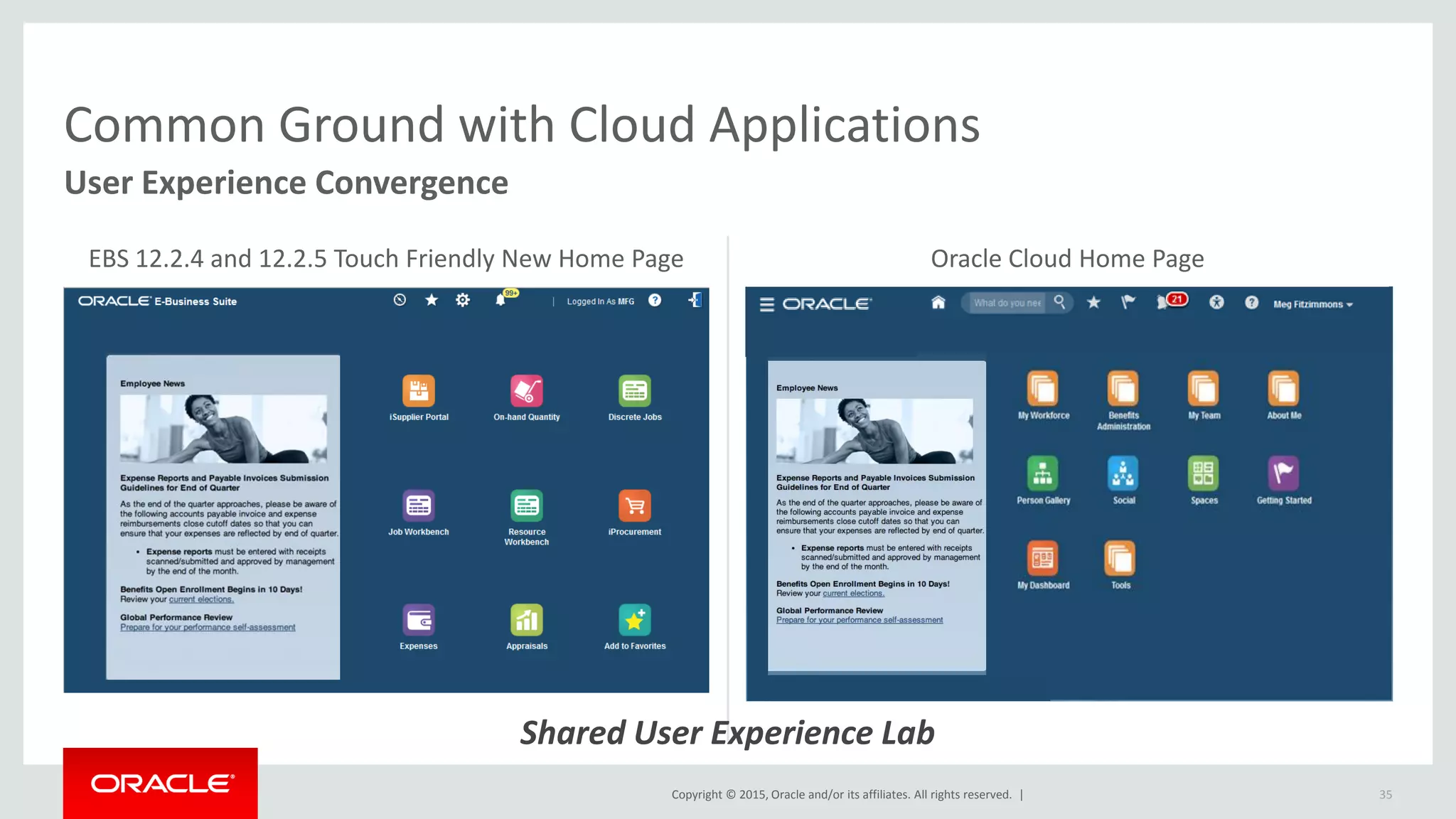 Copyright © 2015, Oracle and/or its affiliates. All rights reserved. |
Oracle Cloud Home Page
Common Ground with Cloud Applications
User Experience Convergence
Shared User Experience Lab
EBS 12.2.4 and 12.2.5 Touch Friendly New Home Page
35
 