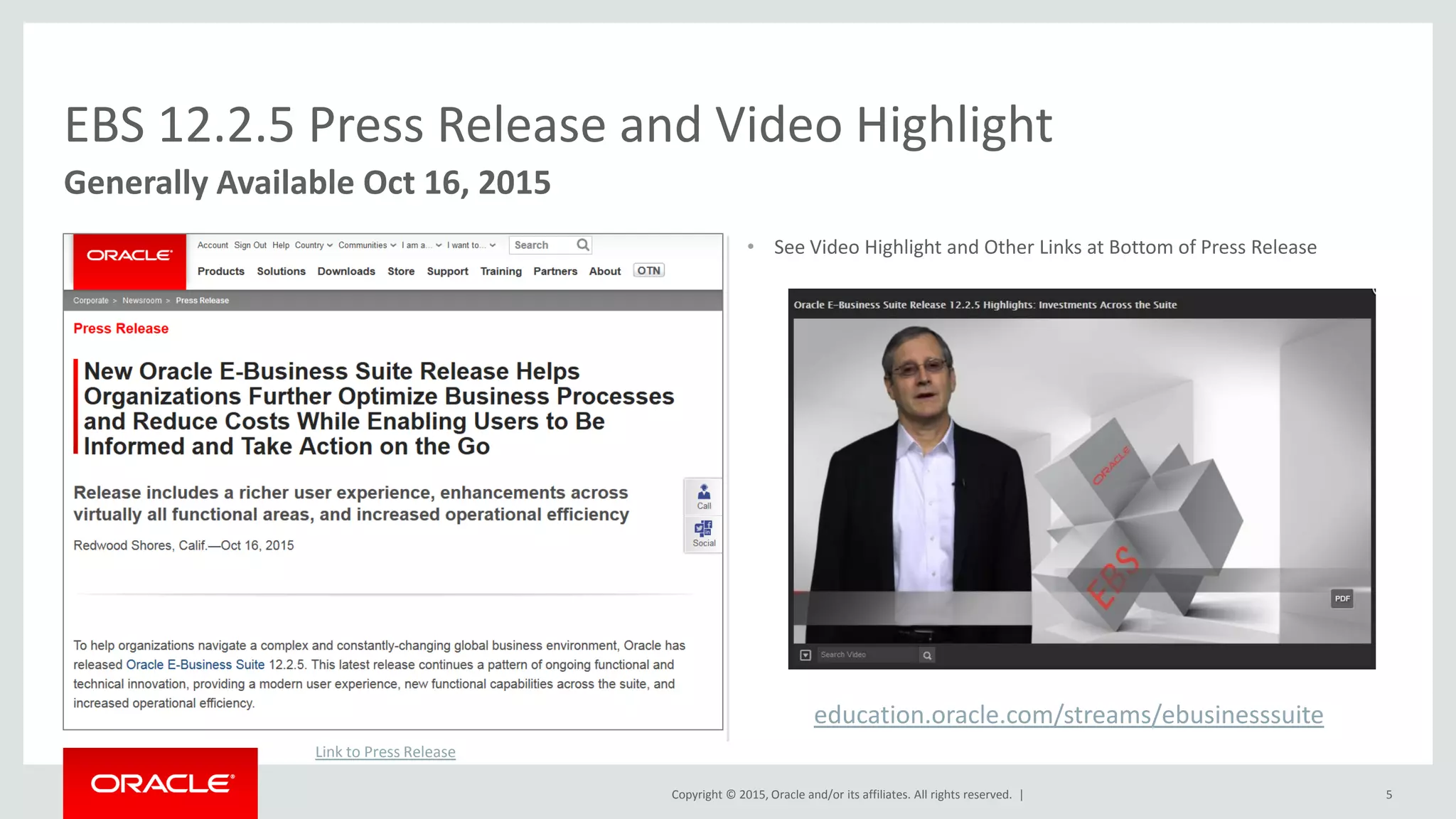Copyright © 2015, Oracle and/or its affiliates. All rights reserved. |
• See Video Highlight and Other Links at Bottom of Press Release
5
EBS 12.2.5 Press Release and Video Highlight
Generally Available Oct 16, 2015
Link to Press Release
education.oracle.com/streams/ebusinesssuite
 