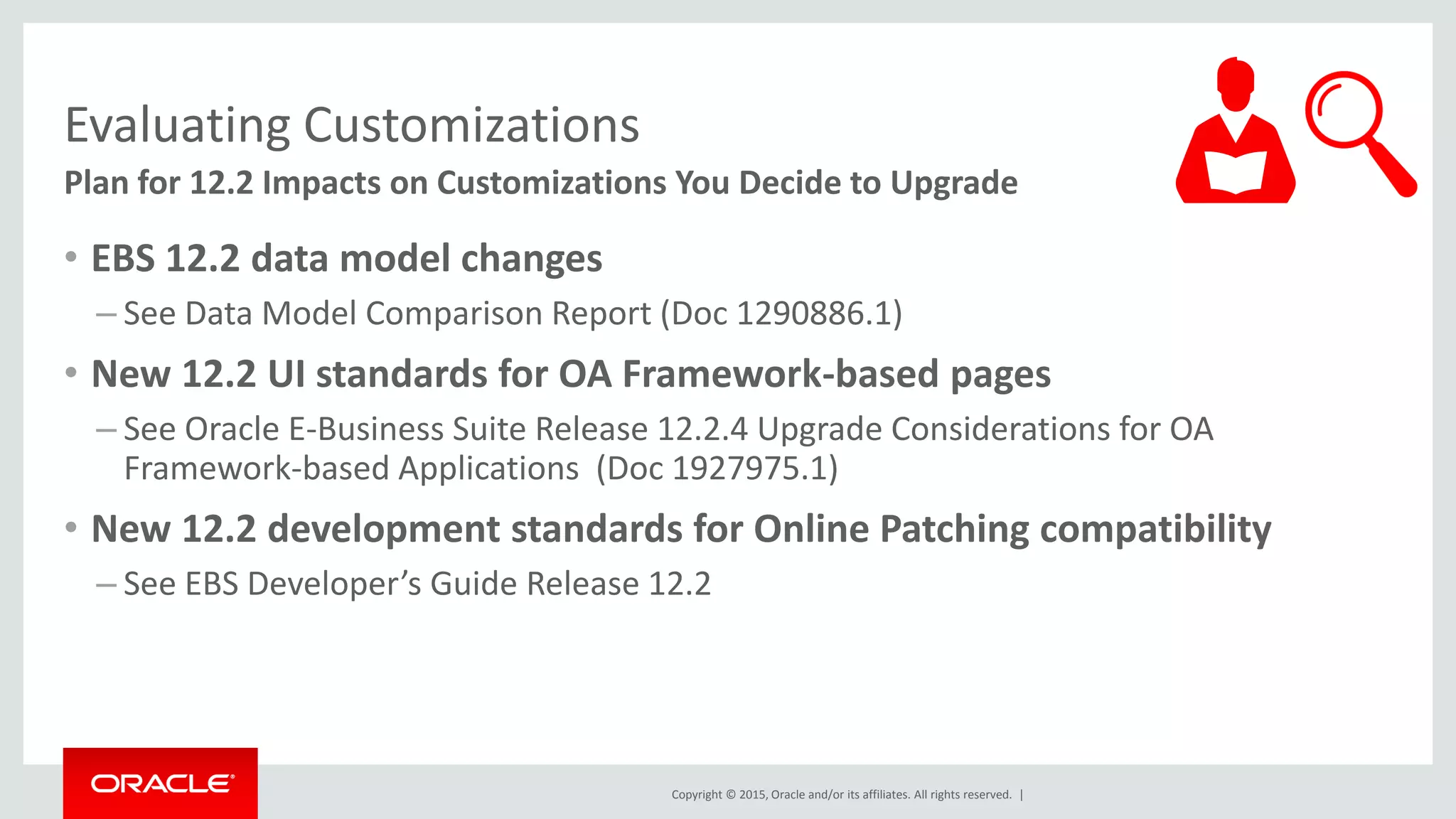 Copyright © 2015, Oracle and/or its affiliates. All rights reserved. |
Evaluating Customizations
Plan for 12.2 Impacts on Customizations You Decide to Upgrade
• EBS 12.2 data model changes
– See Data Model Comparison Report (Doc 1290886.1)
• New 12.2 UI standards for OA Framework-based pages
– See Oracle E-Business Suite Release 12.2.4 Upgrade Considerations for OA
Framework-based Applications (Doc 1927975.1)
• New 12.2 development standards for Online Patching compatibility
– See EBS Developer’s Guide Release 12.2
 
