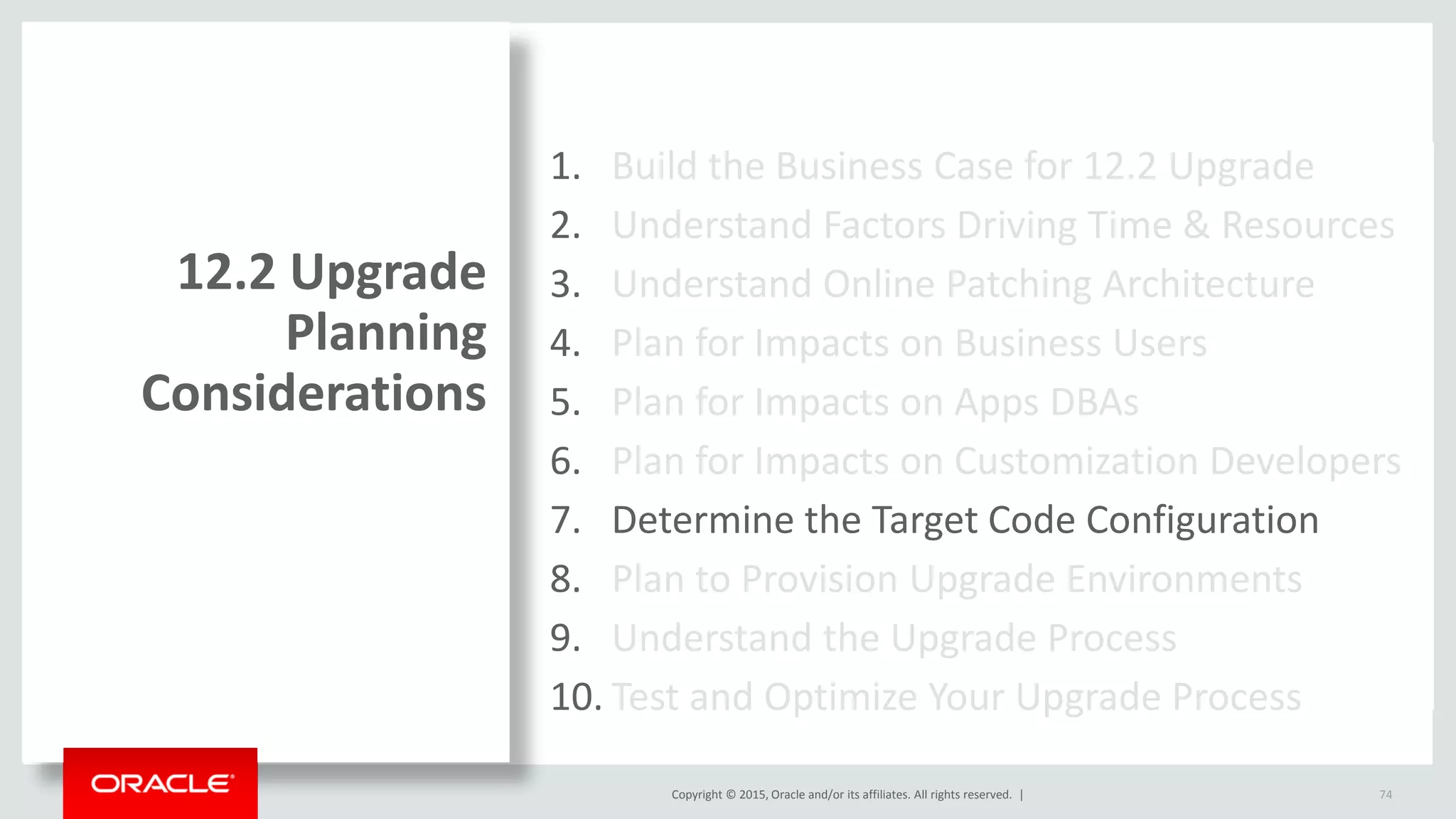 Copyright © 2015, Oracle and/or its affiliates. All rights reserved. |
1. Build the Business Case for 12.2 Upgrade
2. Understand Factors Driving Time & Resources
3. Understand Online Patching Architecture
4. Plan for Impacts on Business Users
5. Plan for Impacts on Apps DBAs
6. Plan for Impacts on Customization Developers
7. Determine the Target Code Configuration
8. Plan to Provision Upgrade Environments
9. Understand the Upgrade Process
10. Test and Optimize Your Upgrade Process
12.2 Upgrade
Planning
Considerations
74
 