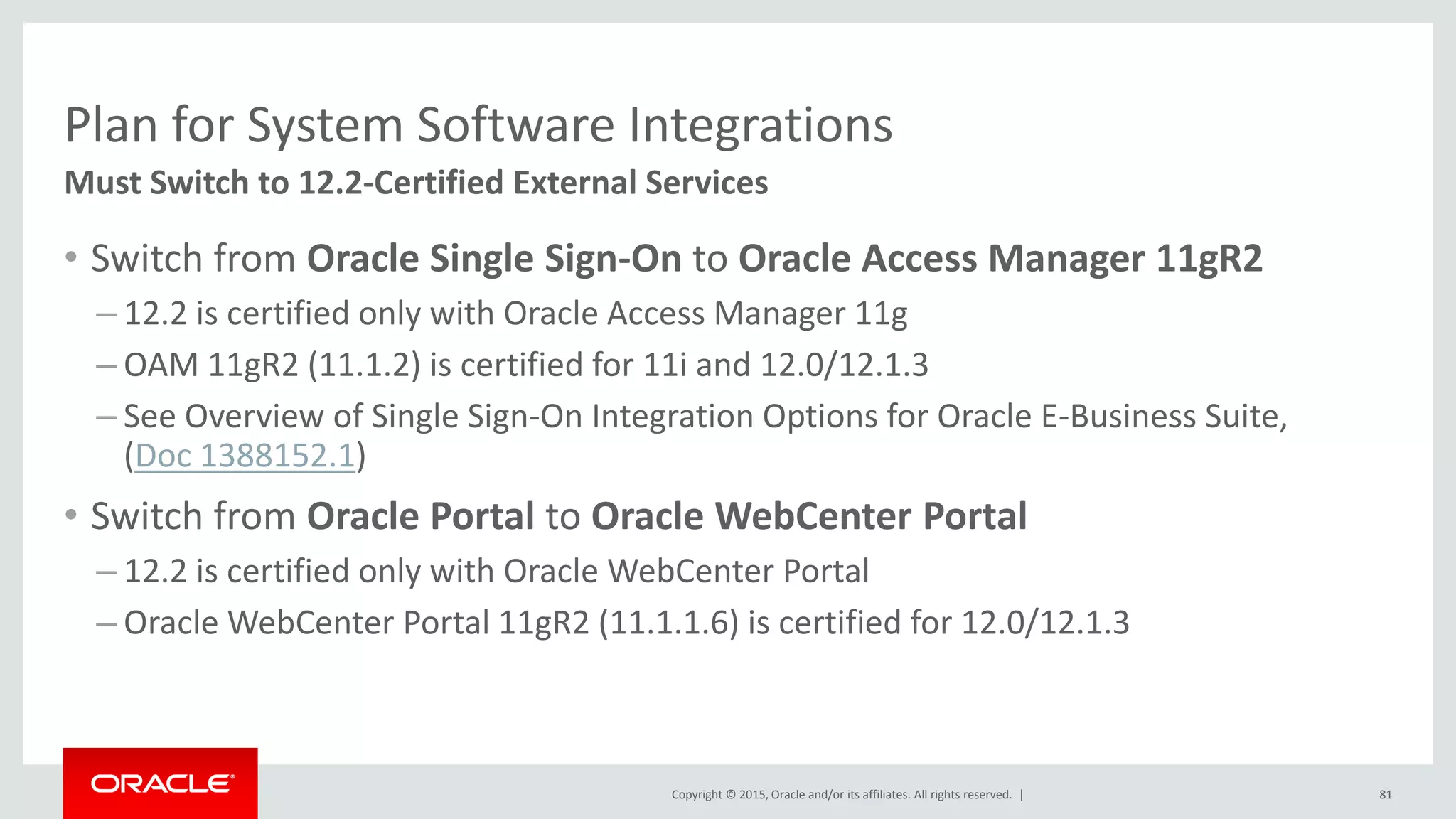 Copyright © 2015, Oracle and/or its affiliates. All rights reserved. |
Plan for System Software Integrations
Must Switch to 12.2-Certified External Services
• Switch from Oracle Single Sign-On to Oracle Access Manager 11gR2
– 12.2 is certified only with Oracle Access Manager 11g
– OAM 11gR2 (11.1.2) is certified for 11i and 12.0/12.1.3
– See Overview of Single Sign-On Integration Options for Oracle E-Business Suite,
(Doc 1388152.1)
• Switch from Oracle Portal to Oracle WebCenter Portal
– 12.2 is certified only with Oracle WebCenter Portal
– Oracle WebCenter Portal 11gR2 (11.1.1.6) is certified for 12.0/12.1.3
81
 