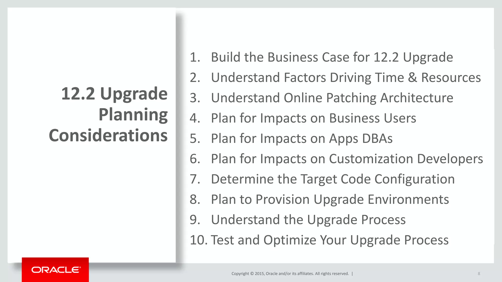 Copyright © 2015, Oracle and/or its affiliates. All rights reserved. |
1. Build the Business Case for 12.2 Upgrade
2. Understand Factors Driving Time & Resources
3. Understand Online Patching Architecture
4. Plan for Impacts on Business Users
5. Plan for Impacts on Apps DBAs
6. Plan for Impacts on Customization Developers
7. Determine the Target Code Configuration
8. Plan to Provision Upgrade Environments
9. Understand the Upgrade Process
10. Test and Optimize Your Upgrade Process
12.2 Upgrade
Planning
Considerations
8
 