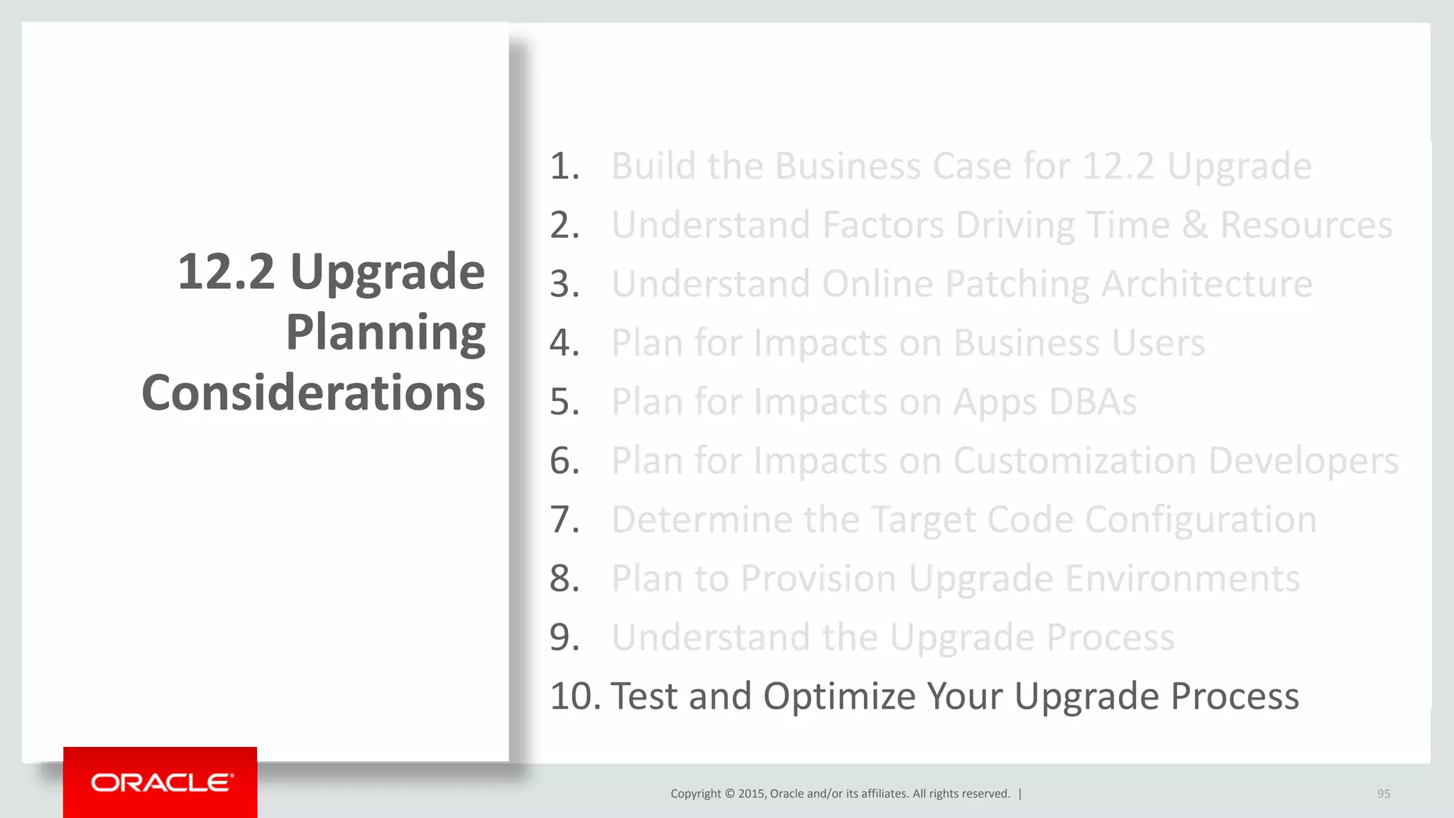 Copyright © 2015, Oracle and/or its affiliates. All rights reserved. |
1. Build the Business Case for 12.2 Upgrade
2. Understand Factors Driving Time & Resources
3. Understand Online Patching Architecture
4. Plan for Impacts on Business Users
5. Plan for Impacts on Apps DBAs
6. Plan for Impacts on Customization Developers
7. Determine the Target Code Configuration
8. Plan to Provision Upgrade Environments
9. Understand the Upgrade Process
10. Test and Optimize Your Upgrade Process
12.2 Upgrade
Planning
Considerations
95
 
