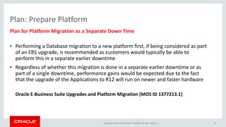 Copyright © 2015, Oracle and/or its affiliates. All rights reserved. |
Plan for Platform Migration as a Separate Down Time
• Performing a Database migration to a new platform first, if being considered as part
of an EBS upgrade, is recommended as customers would typically be able to
perform this in a separate earlier downtime
• Regardless of whether this migration is done in a separate earlier downtime or as
part of a single downtime, performance gains would be expected due to the fact
that the upgrade of the Applications to R12 will run on newer and faster hardware
Oracle E-Business Suite Upgrades and Platform Migration (MOS ID 1377213.1)
15
Plan: Prepare Platform
 
