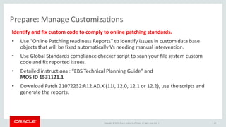 Copyright © 2015, Oracle and/or its affiliates. All rights reserved. |
Prepare: Manage Customizations
Identify and fix custom code to comply to online patching standards.
• Use “Online Patching readiness Reports” to identify issues in custom data base
objects that will be fixed automatically Vs needing manual intervention.
• Use Global Standards compliance checker script to scan your file system custom
code and fix reported issues.
• Detailed instructions : “EBS Technical Planning Guide” and
MOS ID 1531121.1
• Download Patch 21072232:R12.AD.X (11i, 12.0, 12.1 or 12.2), use the scripts and
generate the reports.
24
 
