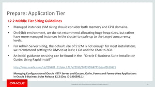 Copyright © 2015, Oracle and/or its affiliates. All rights reserved. |
Prepare: Application Tier
12.2 Middle Tier Sizing Guidelines
• Managed instances JVM sizing should consider both memory and CPU domains.
• On 64bit environment, we do not recommend allocating huge heap sizes, but rather
have more managed instances in the cluster to scale up to the target concurrency
levels.
• For Admin Server sizing, the default size of 512M is not enough for most installations,
we recommend setting the XMS to at least 1 GB and the XMX to 2GB
• An initial guidance on sizing can be found in the “Oracle E-Business Suite Installation
Guide: Using Rapid Install”
http://docs.oracle.com/cd/E26401_01/doc.122/e22950/T422699i4773.htm#T610671
Managing Configuration of Oracle HTTP Server and Oacore, Oafm, Forms and Forms-c4ws Applications
in Oracle E-Business Suite Release 12.2 (Doc ID 1905593.1)
33
 
