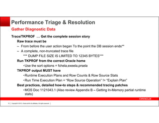 Performance Triage & Resolution
Gather Diagnostic Data
Trace/TKPROF … Get the complete session story
Raw trace must be
– From before the user action began To the point the DB session ends**
– A complete, non-truncated trace file
*** DUMP FILE SIZE IS LIMITED TO 12345 BYTES***
Run TKPROF from the correct Oracle home
•Use the sort options = fchela,exeela,prsela
TKPROF output MUST have
•Runtime Execution Plans and Row Counts & Row Source Stats
•Run Time Execution Plan = “Row Source Operation” != “Explain Plan”
Best practices, detailed how-to steps & recommended tracing patches
•MOS Doc 1121043.1 (Also review Appendix B – Getting In-Memory partial runtime
stats)
15

Copyright © 2013, Oracle and/or its affiliates. All rights reserved.

 