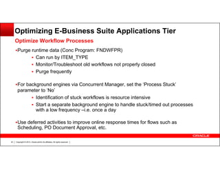 Optimizing E-Business Suite Applications Tier
Optimize Workflow Processes
Purge runtime data (Conc Program: FNDWFPR)
Can run by ITEM_TYPE
Monitor/Troubleshoot old workflows not properly closed
Purge frequently
For background engines via Concurrent Manager, set the ‘Process Stuck’
parameter to ‘No’
Identification of stuck workflows is resource intensive
Start a separate background engine to handle stuck/timed out processes
with a low frequency –i.e. once a day
Use deferred activities to improve online response times for flows such as
Scheduling, PO Document Approval, etc.
23

Copyright © 2013, Oracle and/or its affiliates. All rights reserved.

 