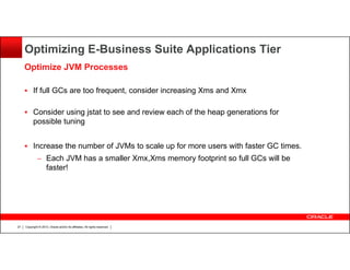 Optimizing E-Business Suite Applications Tier
Optimize JVM Processes
If full GCs are too frequent, consider increasing Xms and Xmx
Consider using jstat to see and review each of the heap generations for
possible tuning
Increase the number of JVMs to scale up for more users with faster GC times.
– Each JVM has a smaller Xmx,Xms memory footprint so full GCs will be

faster!

27

Copyright © 2013, Oracle and/or its affiliates. All rights reserved.

 