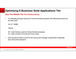 Optimizing E-Business Suite Applications Tier
Size The Middle Tier For Concurrency
To calculate physical memory for Forms frmweb processes, the following formula can
be uses used:
M= N * 40MB
Where
M = total memory used by Forms frmweb processes
N = total number of concurrent Forms users
Care should be taken to size for the concurrent manager components, especially
java concurrent programs.

29

Copyright © 2013, Oracle and/or its affiliates. All rights reserved.

 