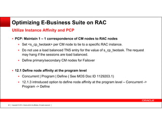 Optimizing E-Business Suite on RAC
Utilize Instance Affinity and PCP
PCP: Maintain 1 – 1 correspondence of CM nodes to RAC nodes
Set <s_cp_twotask> per CM node to tie to a specific RAC instance.
Do not use a load balanced TNS entry for the value of s_cp_twotask. The request
may hang if the sessions are load balanced.
Define primary/secondary CM nodes for Failover
12.1 Define node affinity at the program level
Concurrent | Program | Define ( See MOS Doc ID 1129203.1)
12.1.3 introduced option to define node affinity at the program level – Concurrent ->
Program -> Define

48

Copyright © 2013, Oracle and/or its affiliates. All rights reserved.

 