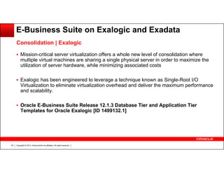 E-Business Suite on Exalogic and Exadata
Consolidation | Exalogic
Mission-critical server virtualization offers a whole new level of consolidation where
multiple virtual machines are sharing a single physical server in order to maximize the
utilization of server hardware, while minimizing associated costs
Exalogic has been engineered to leverage a technique known as Single-Root I/O
Virtualization to eliminate virtualization overhead and deliver the maximum performance
and scalability.
Oracle E-Business Suite Release 12.1.3 Database Tier and Application Tier
Templates for Oracle Exalogic [ID 1499132.1]

55

Copyright © 2013, Oracle and/or its affiliates. All rights reserved.

 