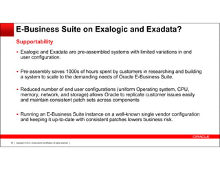 E-Business Suite on Exalogic and Exadata?
Supportability
Exalogic and Exadata are pre-assembled systems with limited variations in end
user configuration.
Pre-assembly saves 1000s of hours spent by customers in researching and building
a system to scale to the demanding needs of Oracle E-Business Suite.
Reduced number of end user configurations (uniform Operating system, CPU,
memory, network, and storage) allows Oracle to replicate customer issues easily
and maintain consistent patch sets across components
Running an E-Business Suite instance on a well-known single vendor configuration
and keeping it up-to-date with consistent patches lowers business risk.

58

Copyright © 2013, Oracle and/or its affiliates. All rights reserved.

 