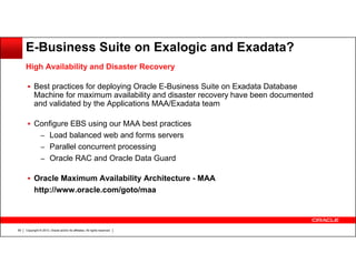 E-Business Suite on Exalogic and Exadata?
High Availability and Disaster Recovery
Best practices for deploying Oracle E-Business Suite on Exadata Database
Machine for maximum availability and disaster recovery have been documented
and validated by the Applications MAA/Exadata team
Configure EBS using our MAA best practices
– Load balanced web and forms servers
– Parallel concurrent processing
– Oracle RAC and Oracle Data Guard
Oracle Maximum Availability Architecture - MAA
http://www.oracle.com/goto/maa

59

Copyright © 2013, Oracle and/or its affiliates. All rights reserved.

 