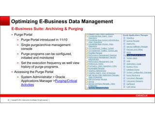 Optimizing E-Business Data Management
E-Business Suite: Archiving & Purging
Purge Portal
Purge Portal introduced in 11i10
Single purge/archive management
console
Purge programs can be configured,
initiated and monitored
Set the execution frequency as well view
history of purge programs.
Accessing the Purge Portal
System Administrator > Oracle
Applications Manager >Purging/Critical
Activities

64

Copyright © 2013, Oracle and/or its affiliates. All rights reserved.

 