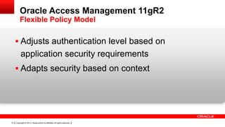 Oracle Access Management 11gR2
Flexible Policy Model

 Adjusts authentication level based on

application security requirements
 Adapts security based on context

12

Copyright © 2013, Oracle and/or its affiliates. All rights reserved.

 