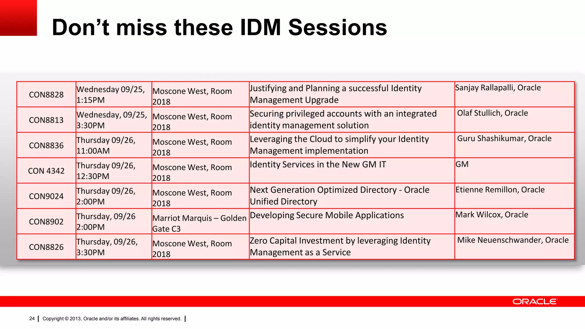 Don’t miss these IDM Sessions
CON8828
CON8813
CON8836
CON 4342
CON9024
CON8902
CON8826

24

Wednesday 09/25, Moscone West, Room
1:15PM
2018
Wednesday, 09/25, Moscone West, Room
3:30PM
2018
Thursday 09/26,
Moscone West, Room
11:00AM
2018
Thursday 09/26,
Moscone West, Room
12:30PM
2018
Thursday 09/26,
Moscone West, Room
2:00PM
2018
Thursday, 09/26
Marriot Marquis – Golden
2:00PM
Gate C3
Thursday, 09/26,
Moscone West, Room
3:30PM
2018

Copyright © 2013, Oracle and/or its affiliates. All rights reserved.

Justifying and Planning a successful Identity
Management Upgrade
Securing privileged accounts with an integrated
identity management solution
Leveraging the Cloud to simplify your Identity
Management implementation
Identity Services in the New GM IT

Sanjay Rallapalli, Oracle

Next Generation Optimized Directory - Oracle
Unified Directory
Developing Secure Mobile Applications

Etienne Remillon, Oracle

Zero Capital Investment by leveraging Identity
Management as a Service

Olaf Stullich, Oracle
Guru Shashikumar, Oracle
GM

Mark Wilcox, Oracle
Mike Neuenschwander, Oracle

 