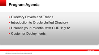 Copyright © 2013, Oracle and/or its affiliates. All rights reserved.5
Program Agenda
 Directory Drivers and Trends
 Introduction to Oracle Unified Directory
 Unleash your Potential with OUD 11gR2
 Customer Deployments
 