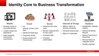 Copyright © 2013, Oracle and/or its affiliates. All rights reserved.7
Identity Core to Business Transformation
 Growing number of
connected devices
 Location based new
applications
 Users expecting
environment
customization
 On
premise, private, public
apps
 Identity for SaaS apps
 Fragments identity
 Protect Identity and
Personal data
 Interaction with many
users
 Maintain relational links
to many users
 Increased traffic
 Increased
customization
 Millions, billions of
devices connecting
 Generate massive data
 Billions of credentials
 Simplification, defragm
entation
 Address full identity
lifecycle
 Reduce Total Cost of
Ownership
 Remove latency &
integration errors
 Simplify upgrades
Mobile Cloud Social Internet of Things Platform
 