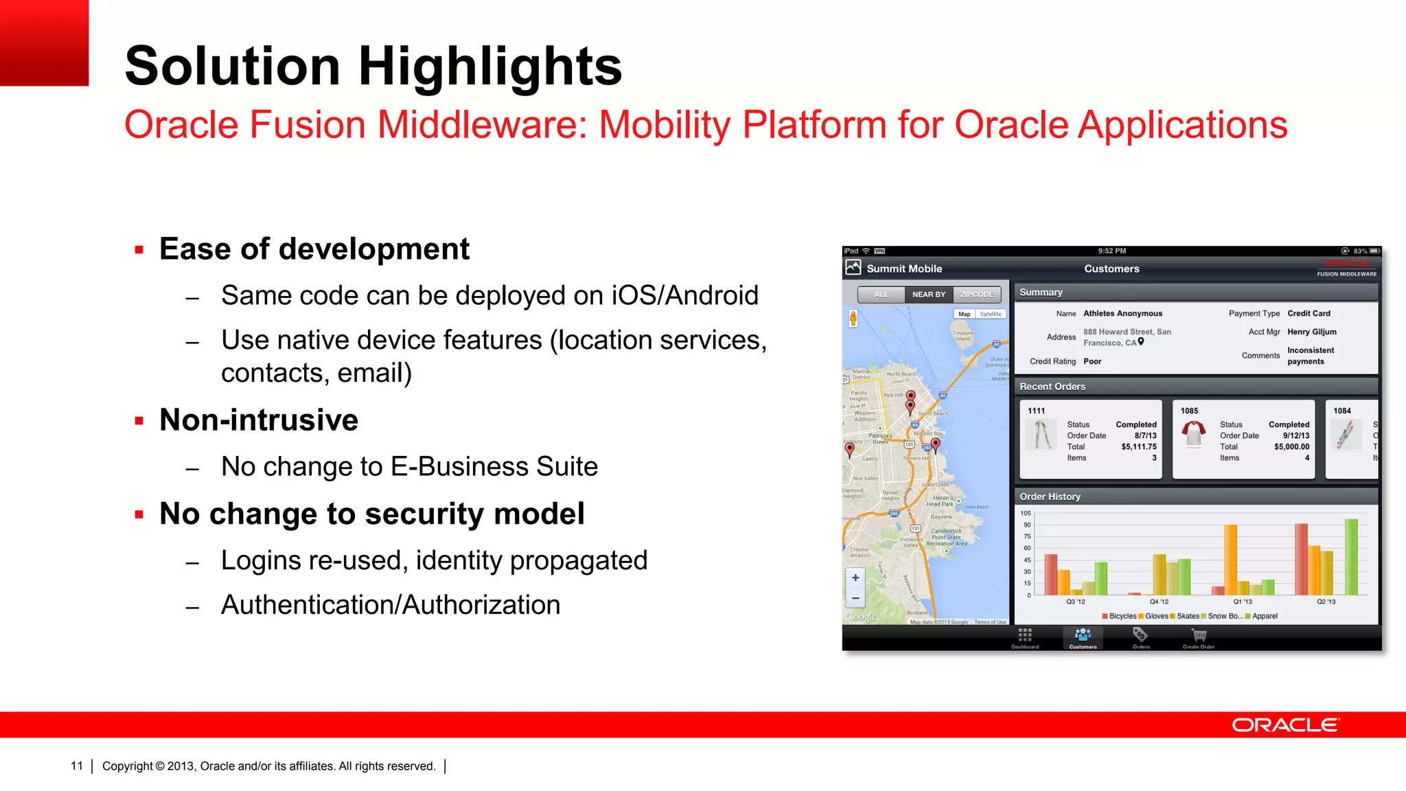 Solution Highlights
Oracle Fusion Middleware: Mobility Platform for Oracle Applications
 Ease of development
– Same code can be deployed on iOS/Android
– Use native device features (location services,

contacts, email)
 Non-intrusive
– No change to E-Business Suite

 No change to security model
– Logins re-used, identity propagated
– Authentication/Authorization

11

Copyright © 2013, Oracle and/or its affiliates. All rights reserved.

 