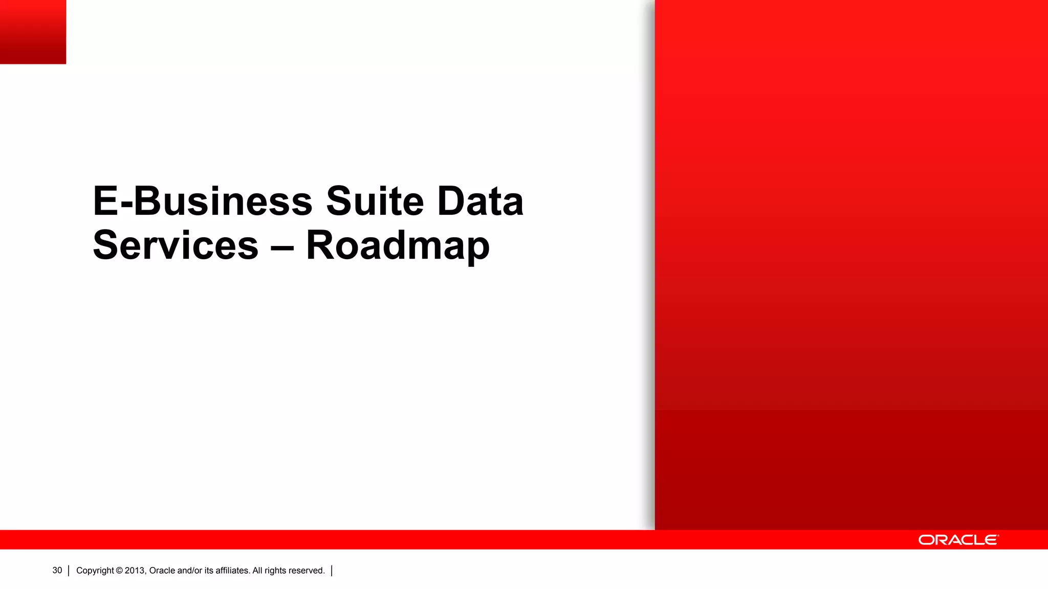 E-Business Suite Data
Services – Roadmap

30

Copyright © 2013, Oracle and/or its affiliates. All rights reserved.

 