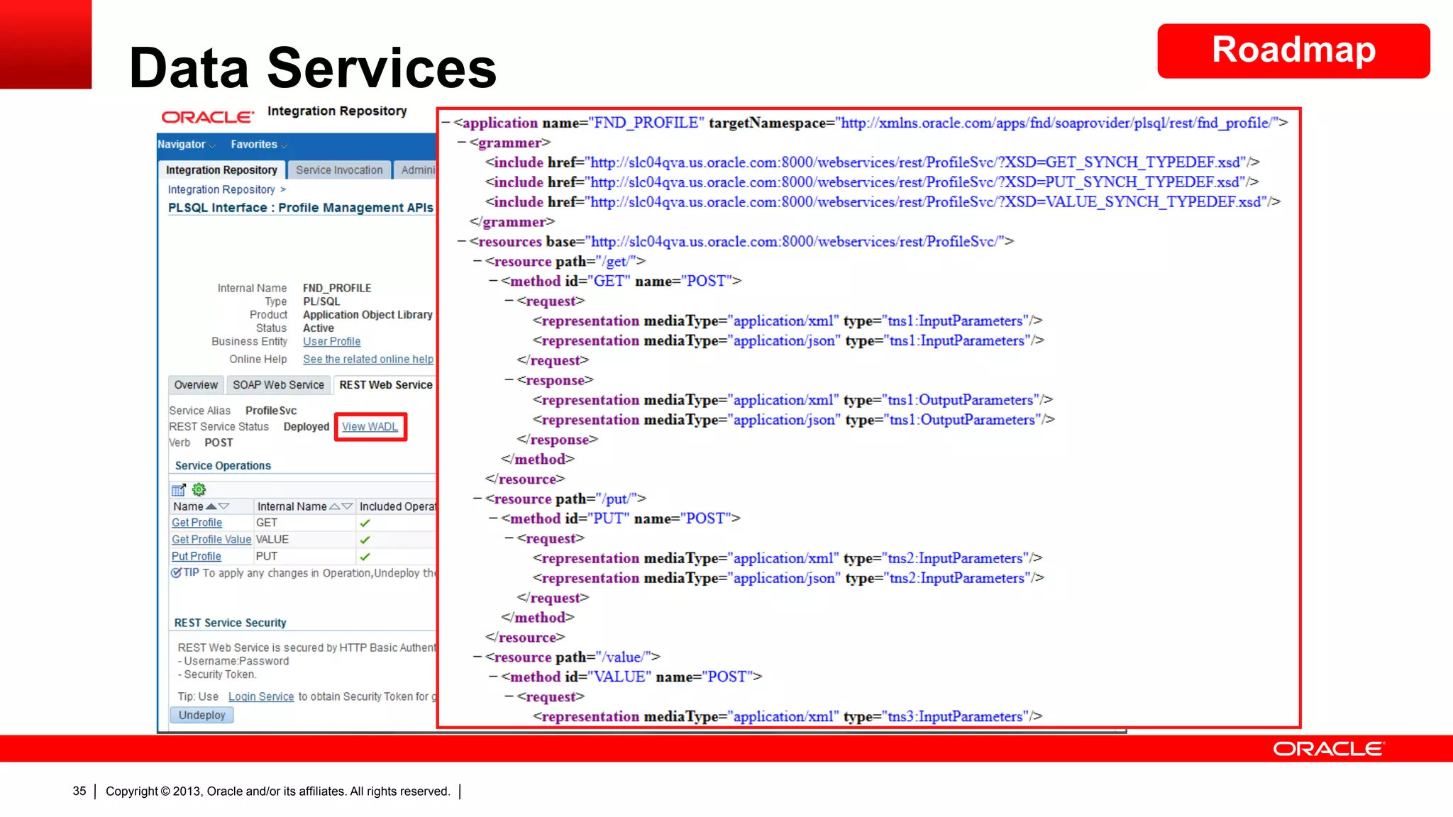 Data Services

35

Copyright © 2013, Oracle and/or its affiliates. All rights reserved.

Roadmap

 