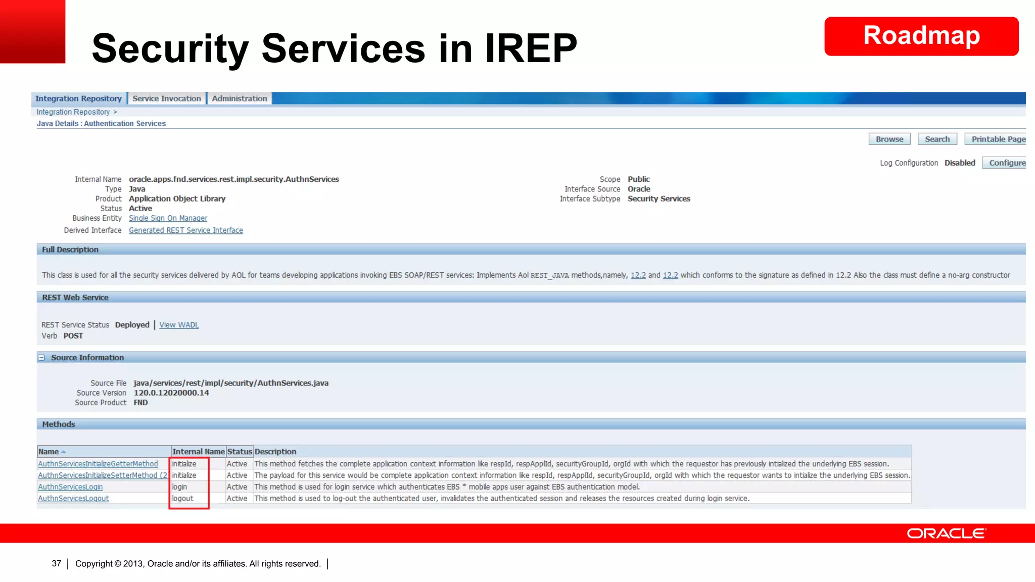 Security Services in IREP

37

Copyright © 2013, Oracle and/or its affiliates. All rights reserved.

Roadmap

 