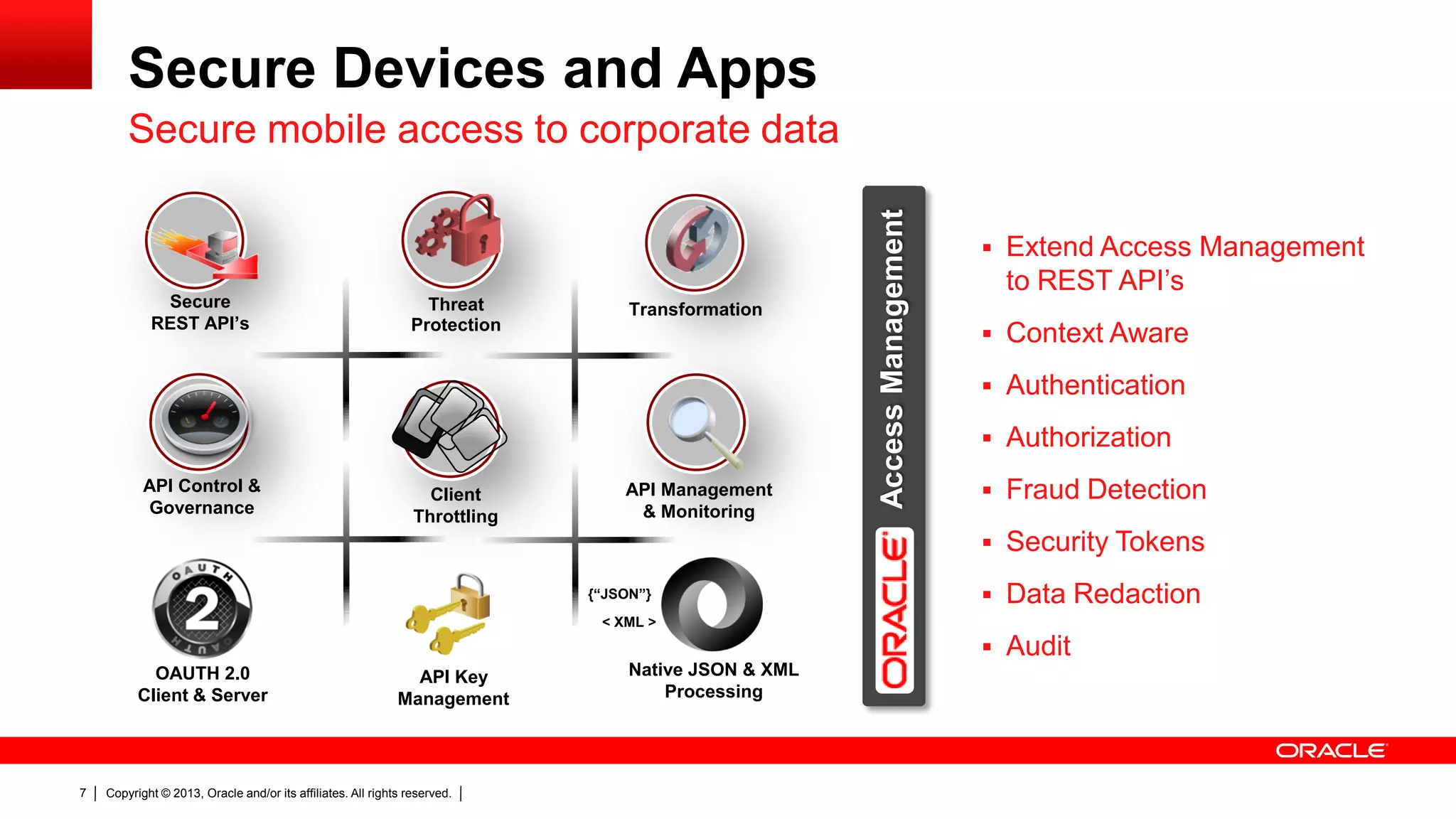 Secure Devices and Apps

Secure
REST API’s

API Control &
Governance

Threat
Protection

Client
Throttling

Transformation

API Management
& Monitoring

Access Management

Secure mobile access to corporate data
 Extend Access Management

to REST API’s
 Context Aware
 Authentication
 Authorization
 Fraud Detection
 Security Tokens

{“JSON”}

 Data Redaction

< XML >

 Audit
OAUTH 2.0
Client & Server

7

API Key
Management

Copyright © 2013, Oracle and/or its affiliates. All rights reserved.

Native JSON & XML
Processing

 
