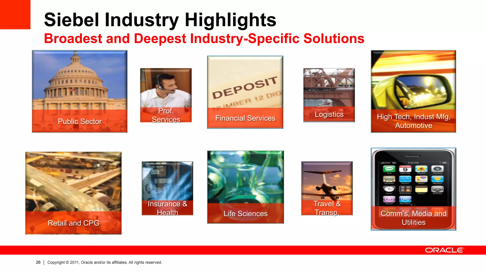 Siebel Industry Highlights
     Broadest and Deepest Industry-Specific Solutions




                                                                   Prof.                           Logistics
                                                                  Services    Financial Services               High Tech, Indust Mfg,
           Public Sector
                                                                                                                    Automotive




                                                                Insurance &                        Travel &
                                                                   Health       Life Sciences      Transp.      Comm’s, Media and
     Retail and CPG                                                                                                 Utilities




26   Copyright © 2011, Oracle and/or its affiliates. All rights reserved.
 