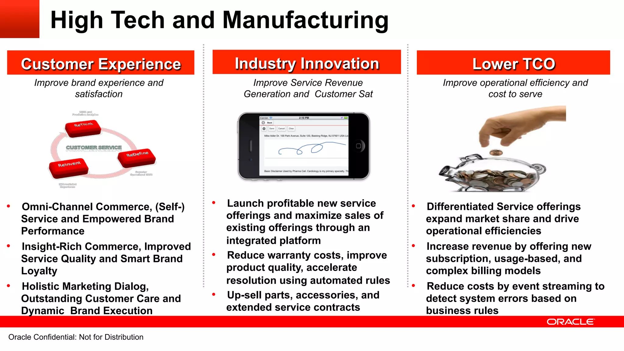 High Tech and Manufacturing
   Customer Experience                                            Industry Innovation                           Lower TCO
        Improve brand experience and                                 Improve Service Revenue              Improve operational efficiency and
                 satisfaction                                       Generation and Customer Sat                     cost to serve




•  Omni-Channel Commerce, (Self-)                             •  Launch profitable new service      •  Differentiated Service offerings
   Service and Empowered Brand                                   offerings and maximize sales of       expand market share and drive
   Performance                                                   existing offerings through an         operational efficiencies
                                                                 integrated platform
•  Insight-Rich Commerce, Improved                                                                  •  Increase revenue by offering new
   Service Quality and Smart Brand                            •  Reduce warranty costs, improve        subscription, usage-based, and
   Loyalty                                                       product quality, accelerate           complex billing models
                                                                 resolution using automated rules
•  Holistic Marketing Dialog,                                                                       •  Reduce costs by event streaming to
   Outstanding Customer Care and                              •  Up-sell parts, accessories, and       detect system errors based on
   Dynamic Brand Execution                                       extended service contracts            business rules

Oracle30 Confidential: NotDistribution All rights reserved.
       Confidential: Not for for its affiliates.
  Oracle Copyright © 2012, Oracle and/orDistribution                                                                                     30
 