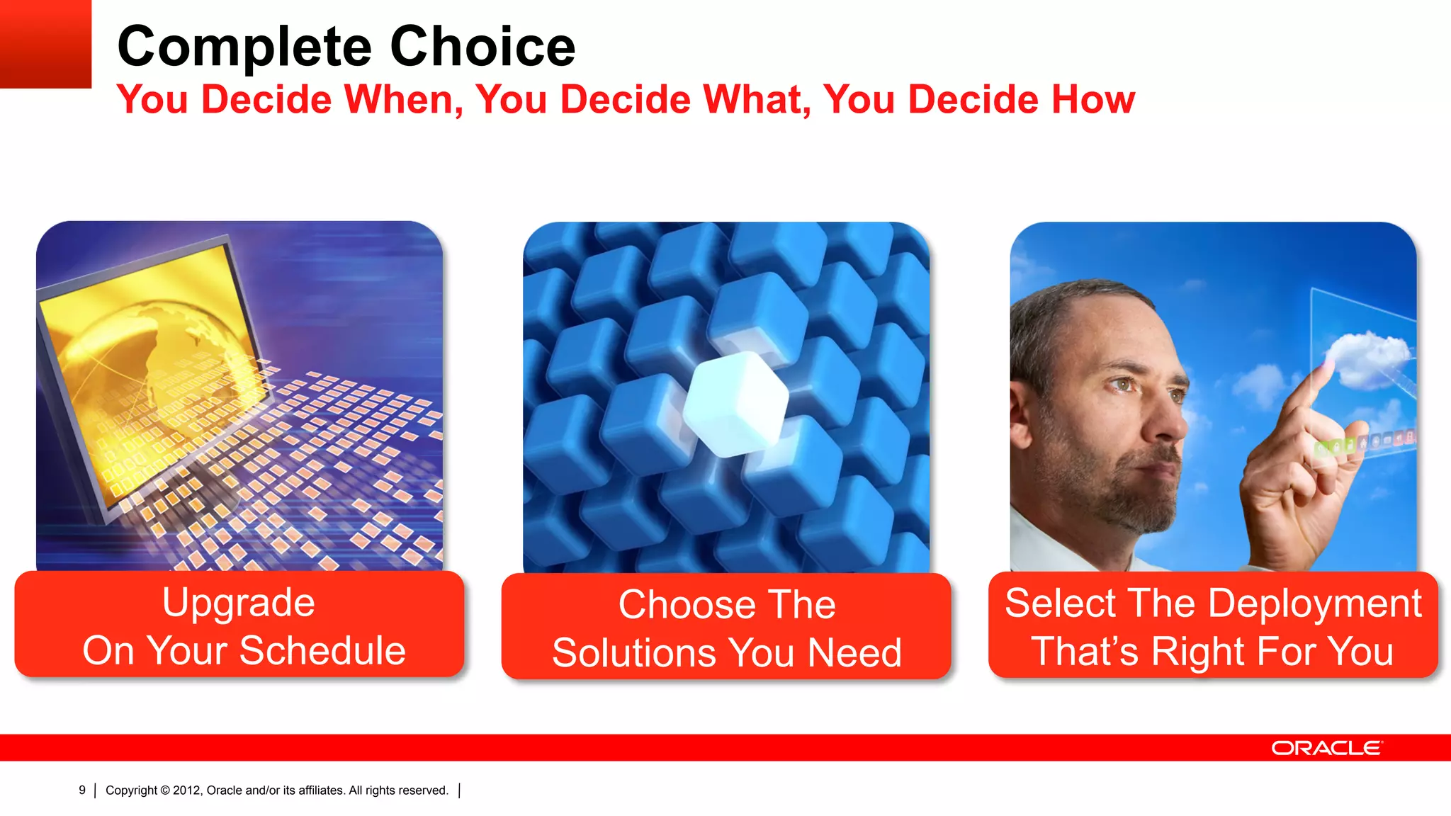 Complete Choice
      You Decide When, You Decide What, You Decide How




    Upgrade                                                                   Choose The        Select The Deployment
On Your Schedule                                                           Solutions You Need    That’s Right For You


9   Copyright © 2012, Oracle and/or its affiliates. All rights reserved.
 