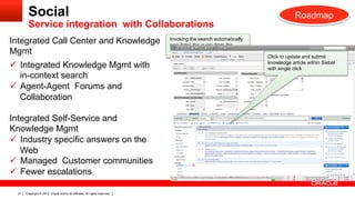 Social                                                                                                               Roadmap
         Service integration with Collaborations
Integrated Call Center and Knowledge                                          Invoking the search automatically
                                                                              populates the query from the
Mgmt                                                                          Summary/Title of the case
                                                                                                                  Click to update and submit
ü  Integrated Knowledge Mgmt with                                                                                knowledge article within Siebel
                                                                                                                  with single click
    in-context search
ü  Agent-Agent Forums and
    Collaboration

Integrated Self-Service and
Knowledge Mgmt
ü  Industry specific answers on the
    Web
                                                                                                                  As The agent can now to resolve
                                                                                                                     a team collaborate select any
ü  Managed Customer communities                                                                                  thenumber of answers and click
                                                                                                                      issue.
                                                                                                                     add them to the case.
ü  Fewer escalations

  21   Copyright © 2012, Oracle and/or its affiliates. All rights reserved.
 