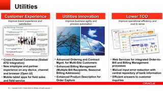 Utilities
  Customer Experience                                                                  Utilities Innovation                           Lower TCO
     Improve brand experience and                                                        Improve business agility and           Improve operational efficiency and
              satisfaction                                                                   process automation                           cost to serve




•  Cross-Channel Commerce (Siebel/                                               •  Advanced Ordering and Contract        •  Web Services for integrated Order-to-
   ATG Integration)                                                                 Mgmt. for Multi-Site Customers           Bill and Billing Management
•  New employee and partner                                                      •  Enhanced Billing Management              processes
   experience on any device, channel                                                (Multiple Bill Recipients, Seasonal   •  Manual input error reduction with
   and browser (Open UI)                                                            Billing Addresses)                       central repository of bank information
•  Mobile tablet apps for field sales                                            •  Enhanced Product Description for      •  Efficient answers to customer
   and field service                                                                Order Capture                            inquiries

     32   Copyright © 2012, Oracle and/or its affiliates. All rights reserved.
 